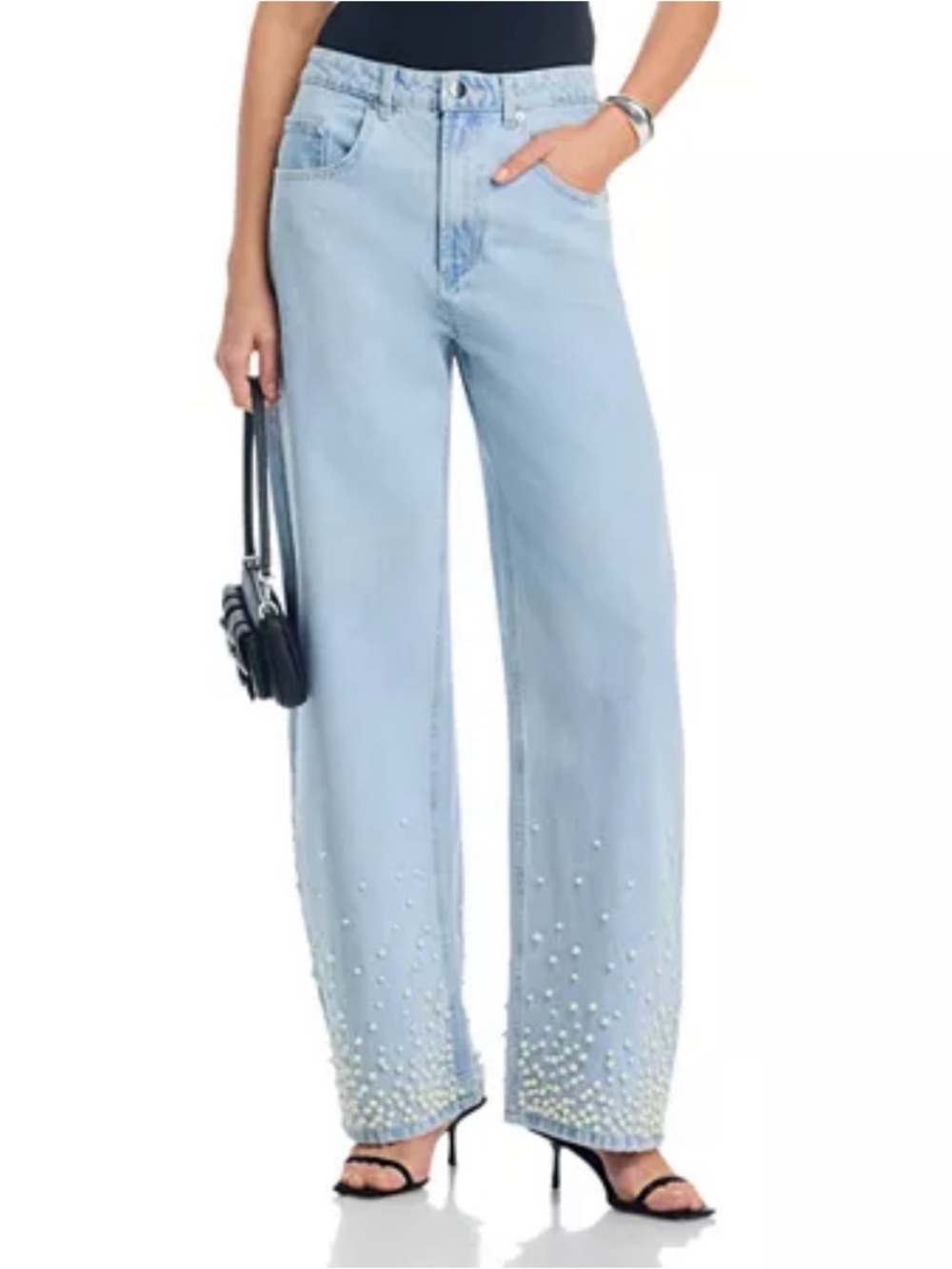 Aqua Light Blue Wide-Leg Jeans with Pearl Hem